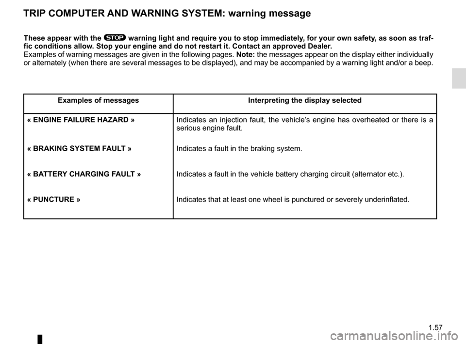 RENAULT CAPTUR 2014 1.G Repair Manual 1.57
TRIP COMPUTER AND WARNING SYSTEM: warning message
These appear with the ® warning light and require you to stop immediately, for your own safety, as soon as traf-
fic conditions allow. Stop your