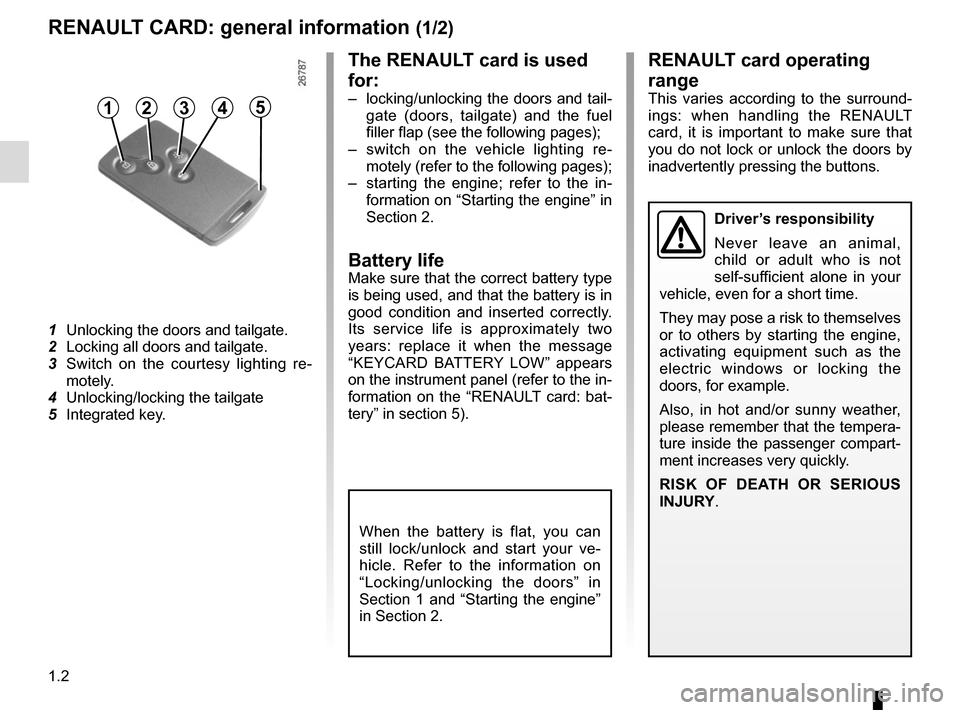 RENAULT CAPTUR 2014 1.G Owners Manual 1.2
The RENAULT card is used 
for:
–  locking/unlocking the doors and tail-gate (doors, tailgate) and the fuel 
filler flap (see the following pages);
–  switch on the vehicle lighting re- motely 