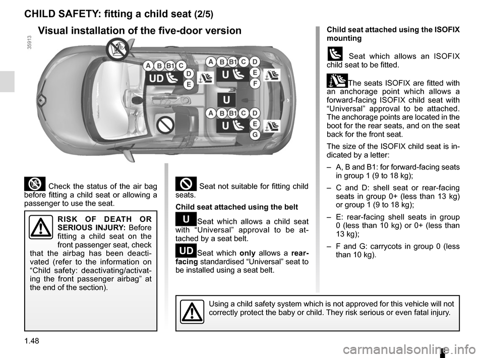RENAULT ZOE 2014 1.G Owners Manual 1.48
² Seat not suitable for fitting child 
seats.
Child seat attached using the belt
¬Seat which allows a child seat 
with “Universal” approval to be at-
tached by a seat belt.
−Seat which on