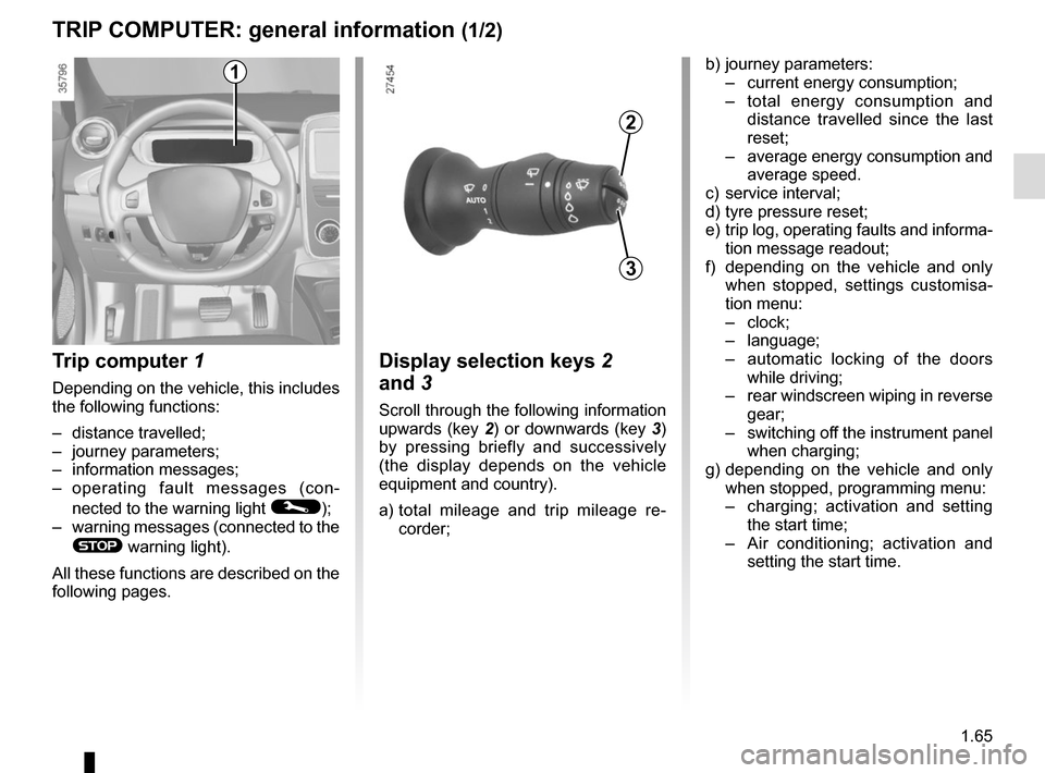 RENAULT ZOE 2014 1.G Owners Manual 1.65
TRIP COMPUTER: general information (1/2)
Trip computer  1
Depending on the vehicle, this includes 
the following functions:
– distance travelled;
– journey parameters;
– information message