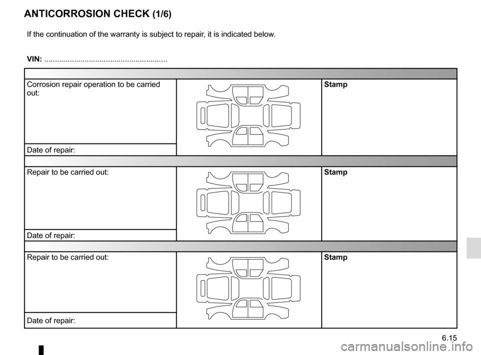 RENAULT CLIO 2015 X98 / 4.G Owners Manual 6.15
ANTICORROSION CHECK (1/6)
If the continuation of the warranty is subject to repair, it is indicated below.
VIN: ..........................................................
Corrosion repair operati