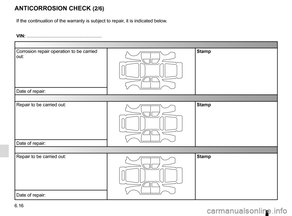 RENAULT CLIO 2015 X98 / 4.G Owners Manual 6.16
ANTICORROSION CHECK (2/6)
If the continuation of the warranty is subject to repair, it is indicated below.
VIN: ..........................................................
Corrosion repair operati