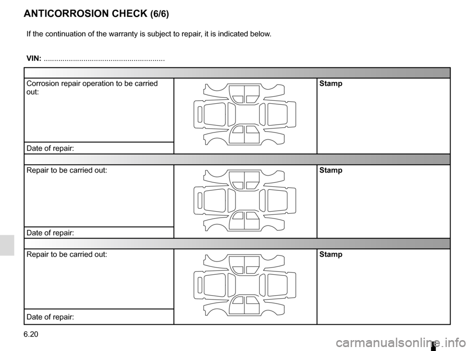 RENAULT CLIO 2015 X98 / 4.G Owners Manual 6.20
ANTICORROSION CHECK (6/6)
If the continuation of the warranty is subject to repair, it is indicated below.
VIN: ..........................................................
Corrosion repair operati