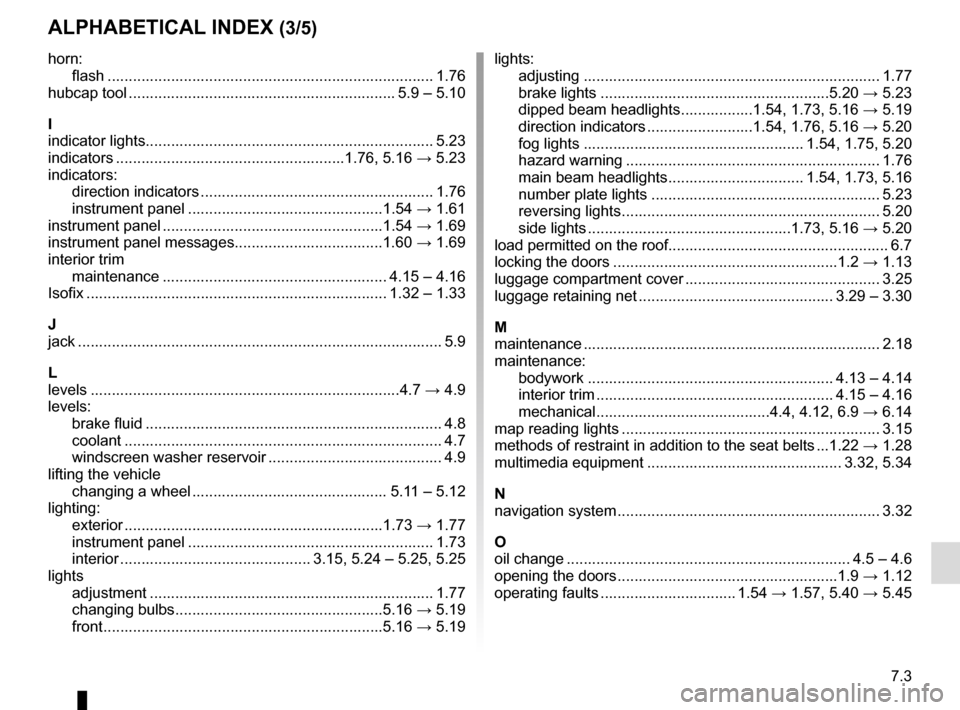 RENAULT CLIO 2015 X98 / 4.G Owners Manual 7.3
ALPHABETICAL INDEX (3/5)
horn:flash ..................................................................\
........... 1.76
hubcap tool ...............................................................