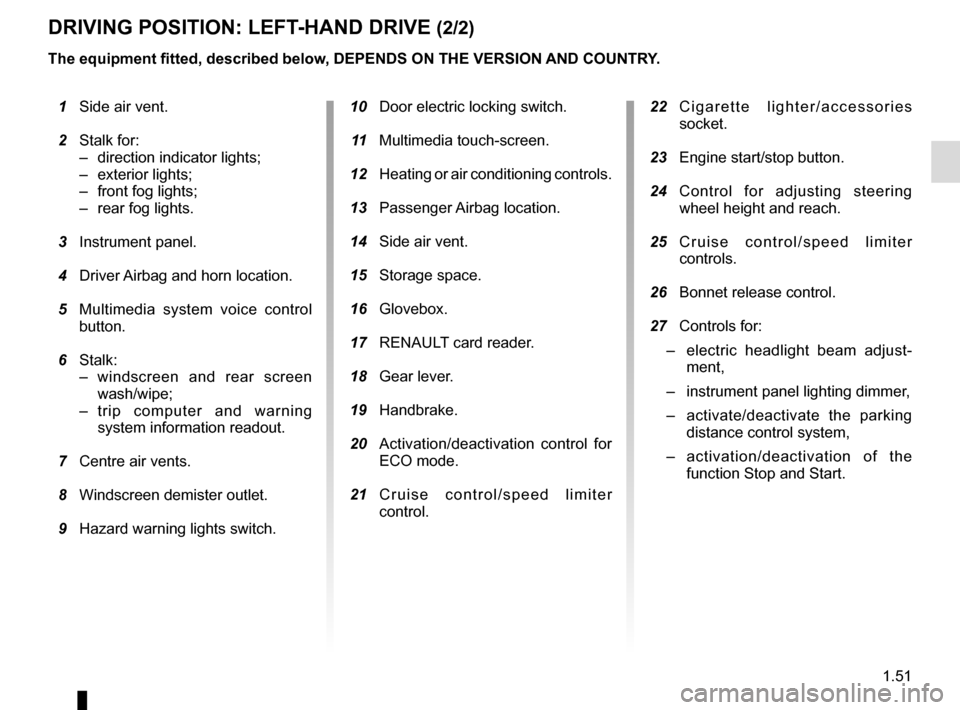 RENAULT CLIO 2015 X98 / 4.G Workshop Manual 1.51
DRIVING POSITION: LEFT-HAND DRIVE (2/2)
 1  Side air vent.
  2 Stalk for:
–  direction indicator lights;
– exterior lights;
–  front fog lights;
–  rear fog lights.
  3 Instrument panel.
