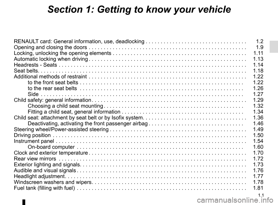 RENAULT CLIO 2015 X98 / 4.G Owners Manual 1.1
Section 1: Getting to know your vehicle
RENAULT card: General information, use, deadlocking . . . . . . . . . . . . . . . . . . . . . . . . . . . . . . . . . .   1.2
Opening and closing the doors 