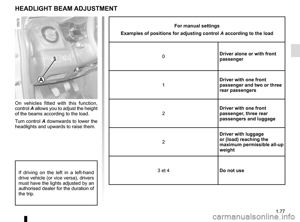 RENAULT CLIO 2015 X98 / 4.G Owners Manual 1.77
HEADLIGHT BEAM ADJUSTMENT
On vehicles fitted with this function, 
control A allows you to adjust the height 
of the beams according to the load.
Turn control A downwards to lower the 
headlights 