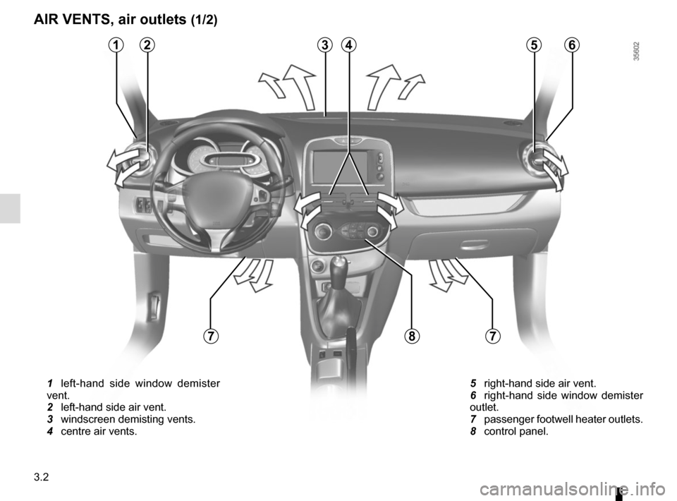 RENAULT CLIO SPORT TOURER 2015 X98 / 4.G Owners Manual 3.2
AIR VENTS, air outlets (1/2)
3
8
5612
7
 1  left-hand side window demister 
vent.
  2  left-hand side air vent.
  3  windscreen demisting vents.
  4  centre air vents.  
5  right-hand side air ven