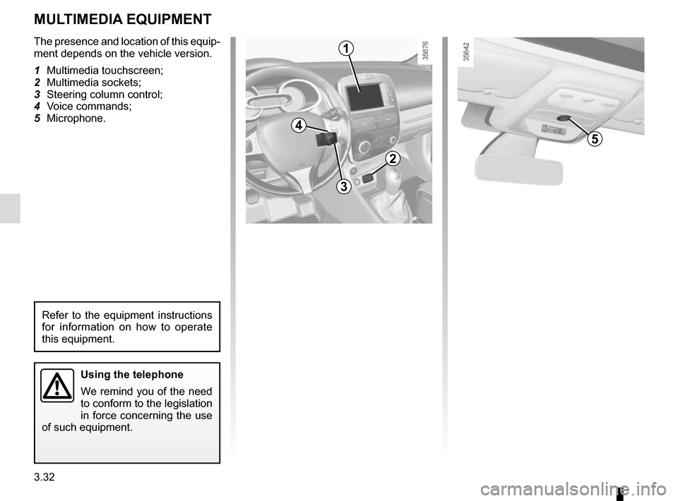 RENAULT CLIO SPORT TOURER 2015 X98 / 4.G Owners Manual 3.32
The presence and location of this equip-
ment depends on the vehicle version.
1 Multimedia touchscreen;
2 Multimedia sockets;
3  Steering column control;
4 Voice commands;
5 Microphone.
Using the
