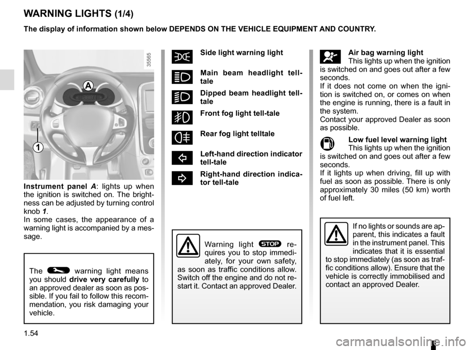 RENAULT CLIO SPORT TOURER 2015 X98 / 4.G Workshop Manual 1.54
WARNING LIGHTS (1/4)
šSide light warning light   
áMain beam headlight tell-
tale  
kDipped beam headlight tell-
tale
gFront fog light tell-tale   
fRear fog light telltale   
cLeft-hand direct