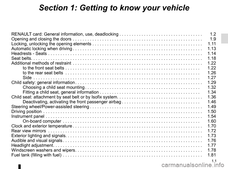 RENAULT CLIO SPORT TOURER 2015 X98 / 4.G Owners Manual 1.1
Section 1: Getting to know your vehicle
RENAULT card: General information, use, deadlocking . . . . . . . . . . . . . . . . . . . . . . . . . . . . . . . . . .   1.2
Opening and closing the doors 