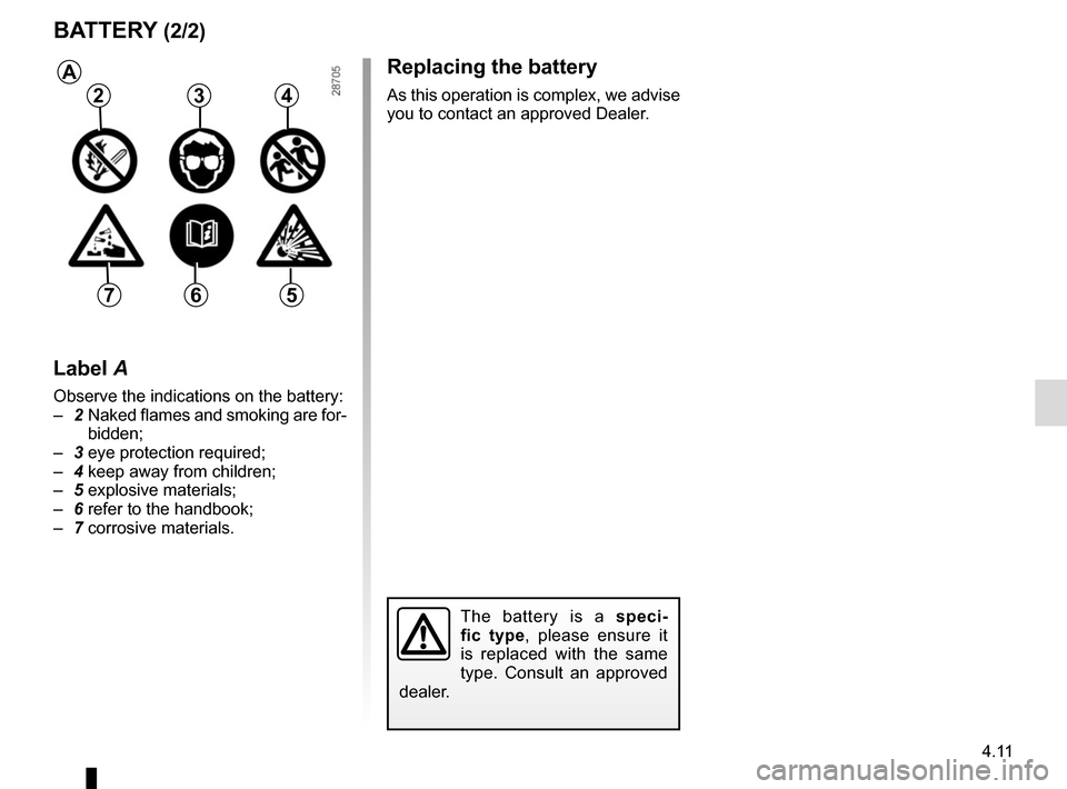 RENAULT ESPACE 2015 5.G User Guide 4.11
Replacing the battery
As this operation is complex, we advise 
you to contact an approved Dealer.
BATTERY (2/2)
The battery is a speci-
fic type, please ensure it 
is replaced with the same 
type