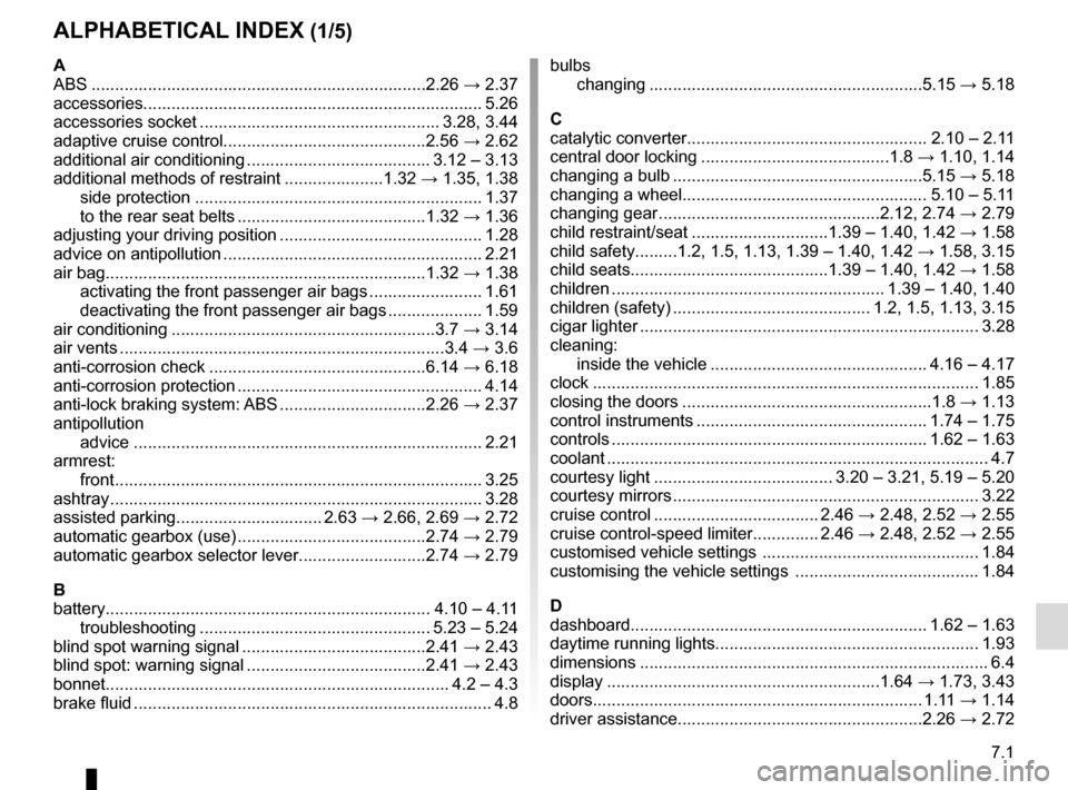 RENAULT ESPACE 2015 5.G Owners Manual 7.1
ALPHABETICAL INDEX (1/5)
A
ABS ....................................................................\
...2.26 → 2.37
accessories.............................................................\
.... RENAULT ESPACE 2015 5.G Owners Manual 7.1
ALPHABETICAL INDEX (1/5)
A
ABS ....................................................................\
...2.26 → 2.37
accessories.............................................................\
....