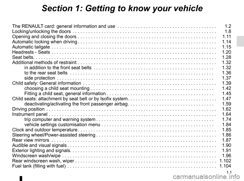 RENAULT ESPACE 2015 5.G Owners Manual 1.1
Section 1: Getting to know your vehicle
The RENAULT card: general information and use . . . . . . . . . . . . . . . . . . . . . . . . . . . . . . . . . . . .\
. . 1.2
Locking/unlocking the doo RENAULT ESPACE 2015 5.G Owners Manual 1.1
Section 1: Getting to know your vehicle
The RENAULT card: general information and use . . . . . . . . . . . . . . . . . . . . . . . . . . . . . . . . . . . .\
. . 1.2
Locking/unlocking the doo