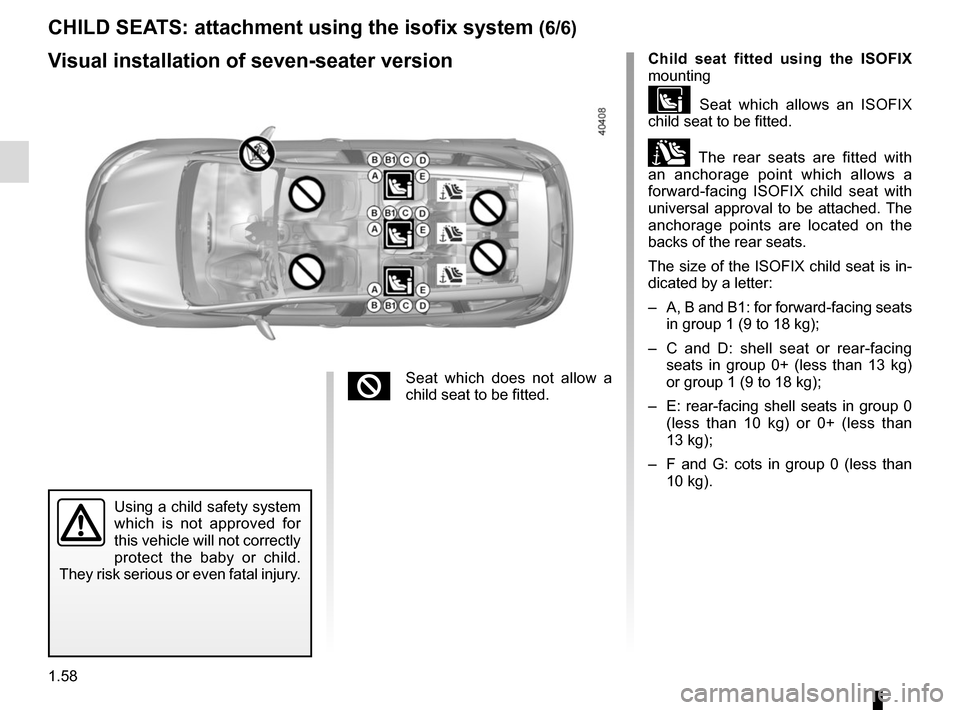 RENAULT ESPACE 2015 5.G Repair Manual 1.58
Visual installation of seven-seater versionChild seat fitted using the ISOFIX 
mounting
 Seat which allows an ISOFIX 
child seat to be fitted.
± The rear seats are fitted with 
an anchorage poi
