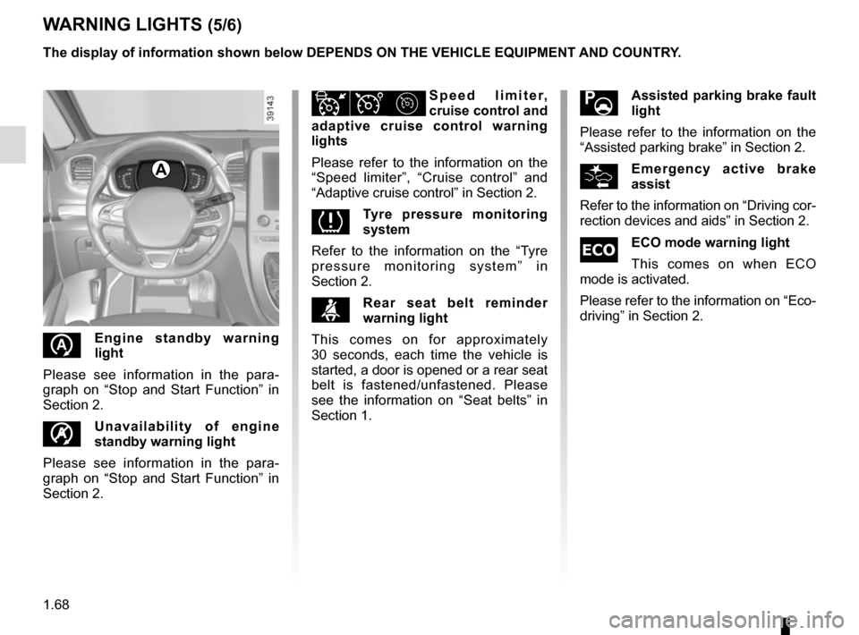 RENAULT ESPACE 2015 5.G Owners Manual 1.68
WARNING LIGHTS (5/6)
The display of information shown below DEPENDS ON THE VEHICLE EQUIPMENT \
AND COUNTRY.
Assisted parking brake fault 
light
Please refer to the information on the 
“Assiste