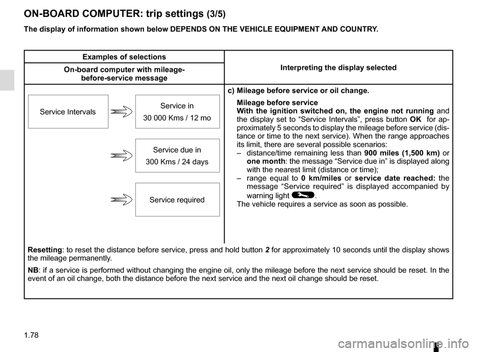 RENAULT ESPACE 2015 5.G Owners Manual 1.78
ON-BOARD COMPUTER: trip settings (3/5)
The display of information shown below DEPENDS ON THE VEHICLE EQUIPMENT \
AND COUNTRY.
Examples of selectionsInterpreting the display selected
On-board comp