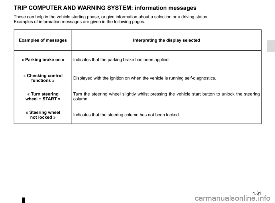 RENAULT ESPACE 2015 5.G Manual Online 1.81
TRIP COMPUTER AND WARNING SYSTEM: information messages
Examples of messagesInterpreting the display selected
« Parking brake on » Indicates that the parking brake has been applied.
« Checking 