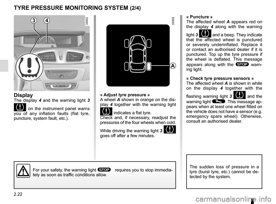 RENAULT GRAND SCENIC 2015 J95 / 3.G Service Manual 2.22
TYRE PRESSURE MONITORING SYSTEM (2/4)
« Adjust tyre pressure »
A wheel A shown in orange on the dis-
play  4 together with the warning light 
 indicates a flat tyre.
Check and, if necessary, r