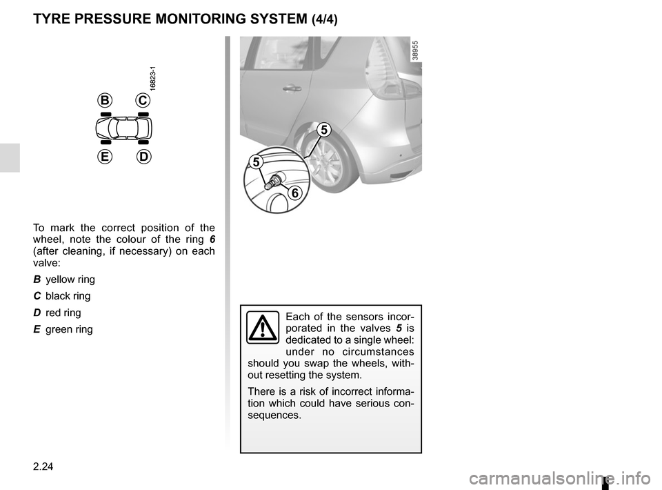 RENAULT GRAND SCENIC 2015 J95 / 3.G Owners Manual 2.24
BC
DE
To mark the correct position of the 
wheel, note the colour of the ring 6 
(after cleaning, if necessary) on each 
valve:
B yellow ring
C black ring
D red ring
E green ring
5
5
6
Each of th