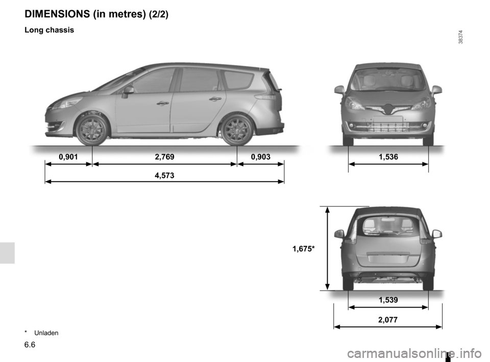 RENAULT GRAND SCENIC 2015 J95 / 3.G Owners Manual 6.6
DIMENSIONS (in metres) (2/2)
* Unladen
Long chassis
0,9012,7690,903 1,536
4,573
1,675*
1,539
2,077  