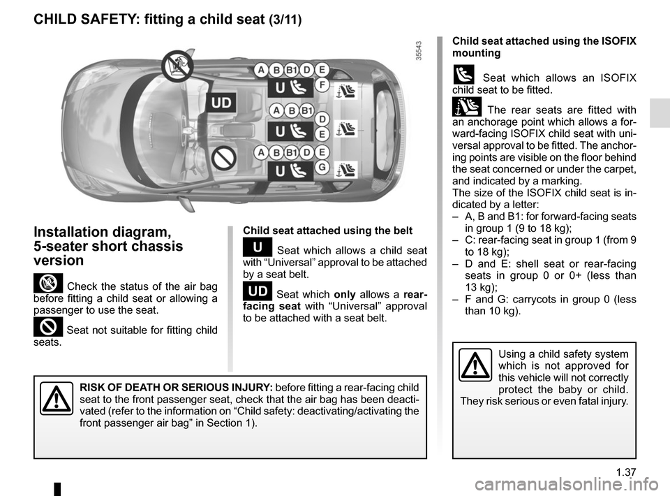 RENAULT GRAND SCENIC 2015 J95 / 3.G Owners Manual 1.37
Child seat attached using the belt
¬ Seat which allows a child seat 
with “Universal” approval to be attached 
by a seat belt.
− Seat which only  allows a rear-
facing seat with “Univers