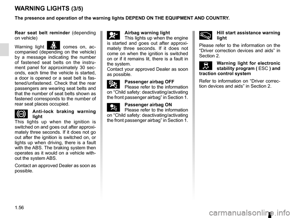 RENAULT GRAND SCENIC 2015 J95 / 3.G User Guide 1.56
WARNING LIGHTS (3/5)
åAirbag warning light
This lights up when the engine 
is started and goes out after approxi-
mately three seconds. If it does not 
come on when the ignition is switched 
on 