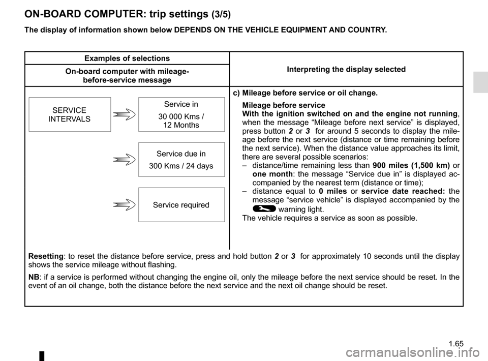 RENAULT GRAND SCENIC 2015 J95 / 3.G Manual PDF 1.65
ON-BOARD COMPUTER: trip settings (3/5)
The display of information shown below DEPENDS ON THE VEHICLE EQUIPMENT \
AND COUNTRY.
Examples of selectionsInterpreting the display selected
On-board comp