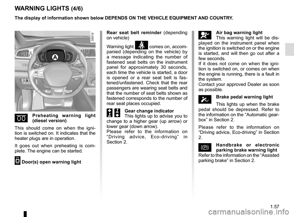 RENAULT KADJAR 2015 1.G Owners Manual 1.57
WARNING LIGHTS (4/6)
ÉPreheating warning light 
(diesel version)
This should come on when the igni-
tion is switched on. It indicates that the 
heater plugs are in operation.
It goes out when pr