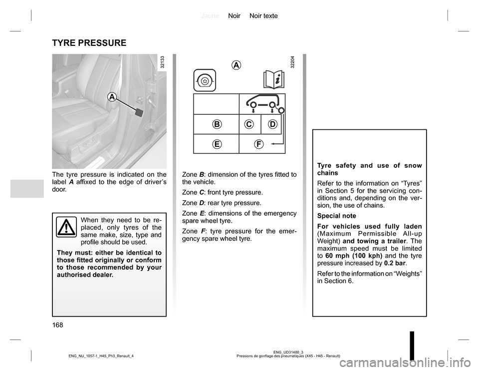 RENAULT KOLEOS 2015 1.G Owners Manual JauneNoir Noir texte
168
ENG_UD31480_3
Pressions de gonflage des pneumatiques (X45 - H45 - Renault) ENG_NU_1057-1_H45_Ph3_Renault_4
The tyre pressure is indicated on the 
label A affixed to the edge o