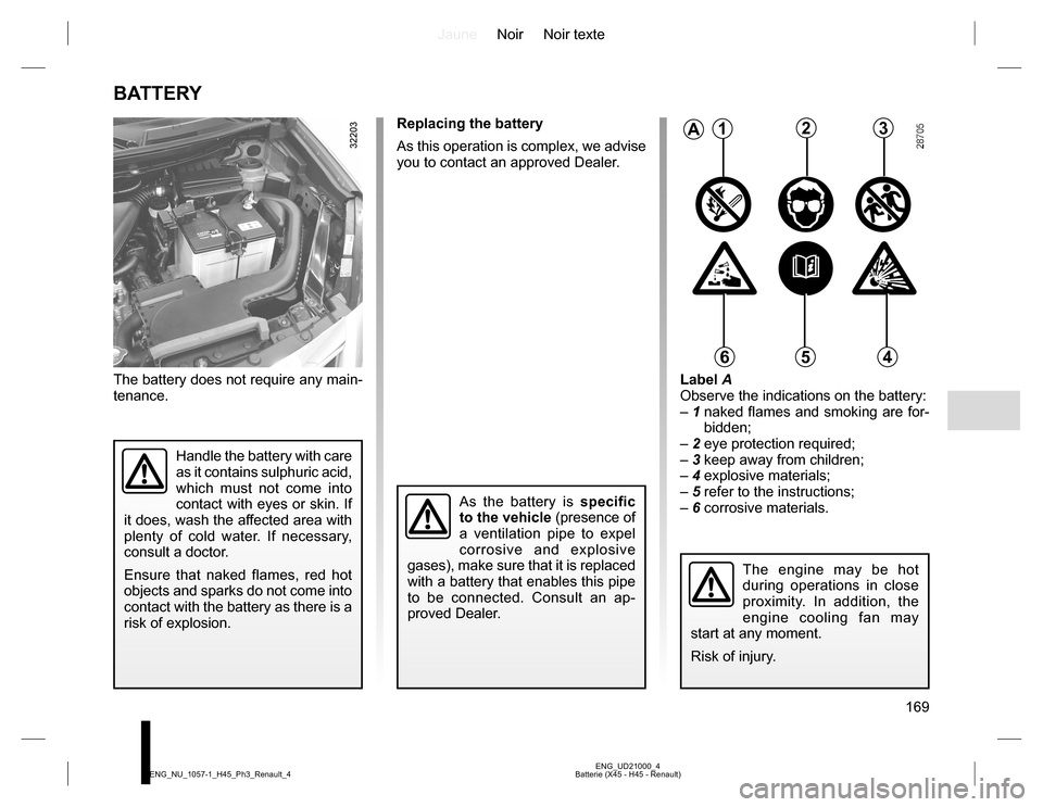 RENAULT KOLEOS 2015 1.G Owners Manual JauneNoir Noir texte
169
ENG_UD21000_4
Batterie (X45 - H45 - Renault) ENG_NU_1057-1_H45_Ph3_Renault_4
BATTERY
The battery does not require any main-
tenance.
Handle the battery with care 
as it contai