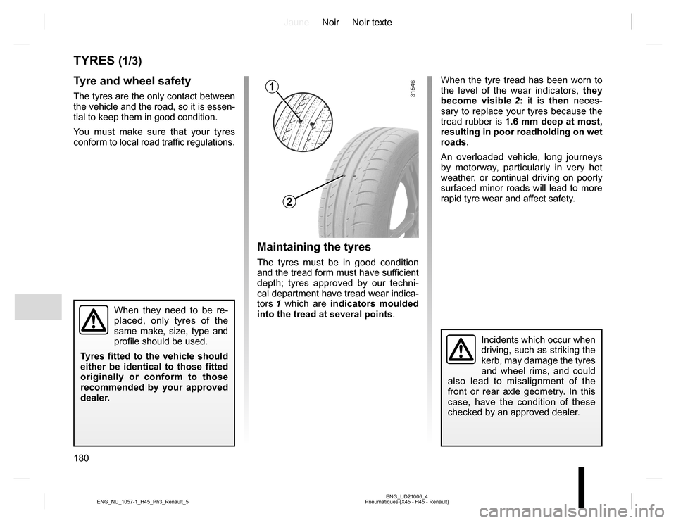 RENAULT KOLEOS 2015 1.G Owners Manual JauneNoir Noir texte
180
ENG_UD21006_4
Pneumatiques (X45 - H45 - Renault) ENG_NU_1057-1_H45_Ph3_Renault_5
TYRES (1/3)
Maintaining the tyres
The tyres must be in good condition
and the tread form must RENAULT KOLEOS 2015 1.G Owners Manual JauneNoir Noir texte
180
ENG_UD21006_4
Pneumatiques (X45 - H45 - Renault) ENG_NU_1057-1_H45_Ph3_Renault_5
TYRES (1/3)
Maintaining the tyres
The tyres must be in good condition
and the tread form must