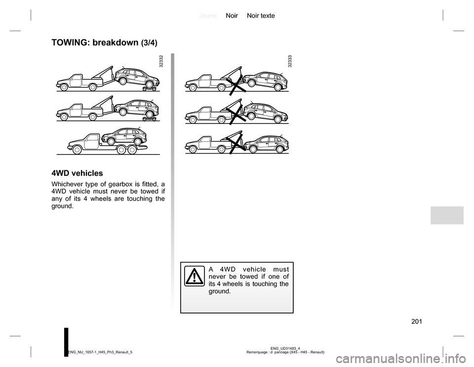 RENAULT KOLEOS 2015 1.G Owners Manual JauneNoir Noir texte 
201
ENG_UD31483_4 Remorquage : d  pannage (X45 - H45 - Renault) ENG_NU_1057-1_H45_Ph3_Renault_5
TOWING: breakdown (3/4)
3233232333
4WD vehicles
Whichever type of gearbox is fitte