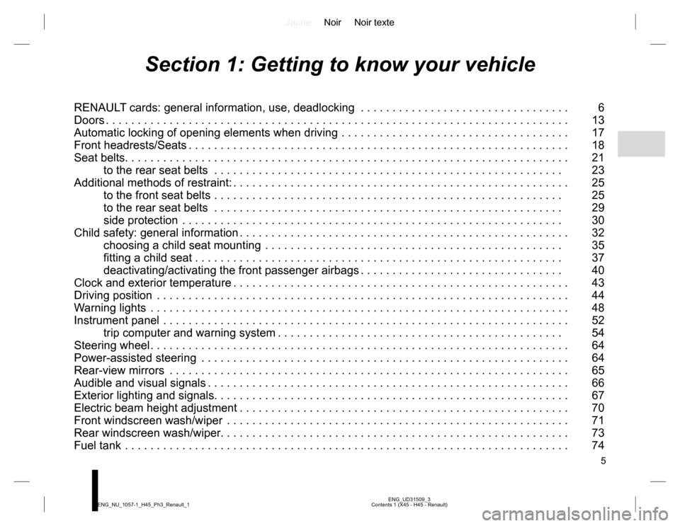 RENAULT KOLEOS 2015 1.G Owners Manual JauneNoir Noir texte
5
ENG_UD31509_3
Contents 1 (X45 - H45 - Renault) ENG_NU_1057-1_H45_Ph3_Renault_1
Section 1: Getting to know your vehicle
RENAULT cards: general information, use, deadlocking  . . 