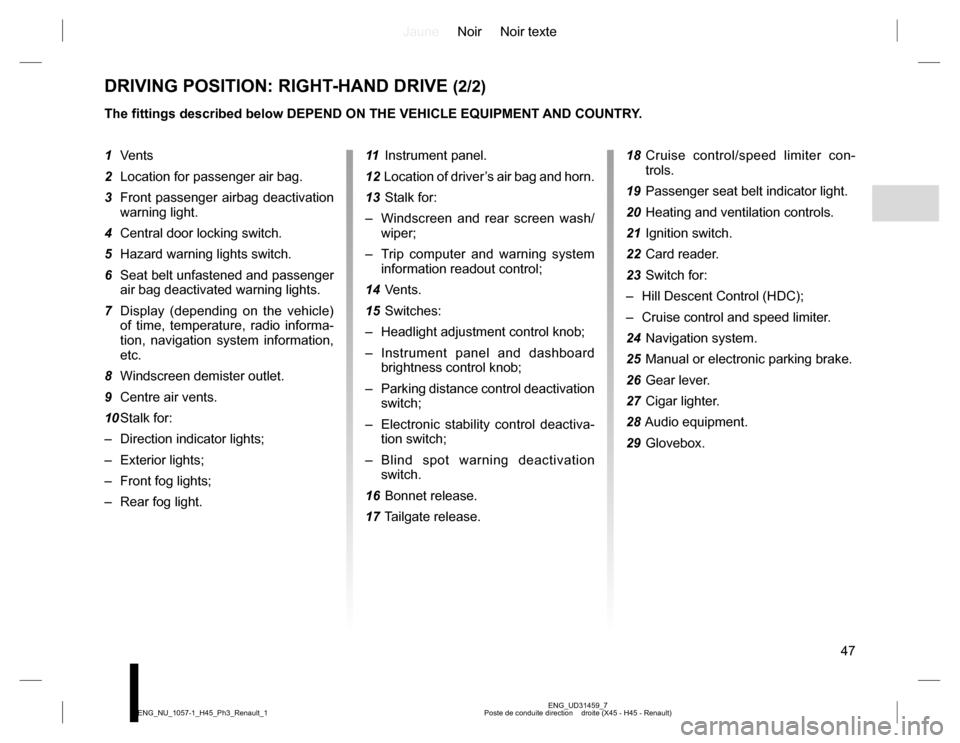 RENAULT KOLEOS 2015 1.G Owners Manual JauneNoir Noir texte
47
ENG_UD31459_7
Poste de conduite direction    droite (X45 - H45 - Renault) ENG_NU_1057-1_H45_Ph3_Renault_1
DRIVING POSITION: RIGHT-HAND DRIVE (2/2)
The fittings described below 