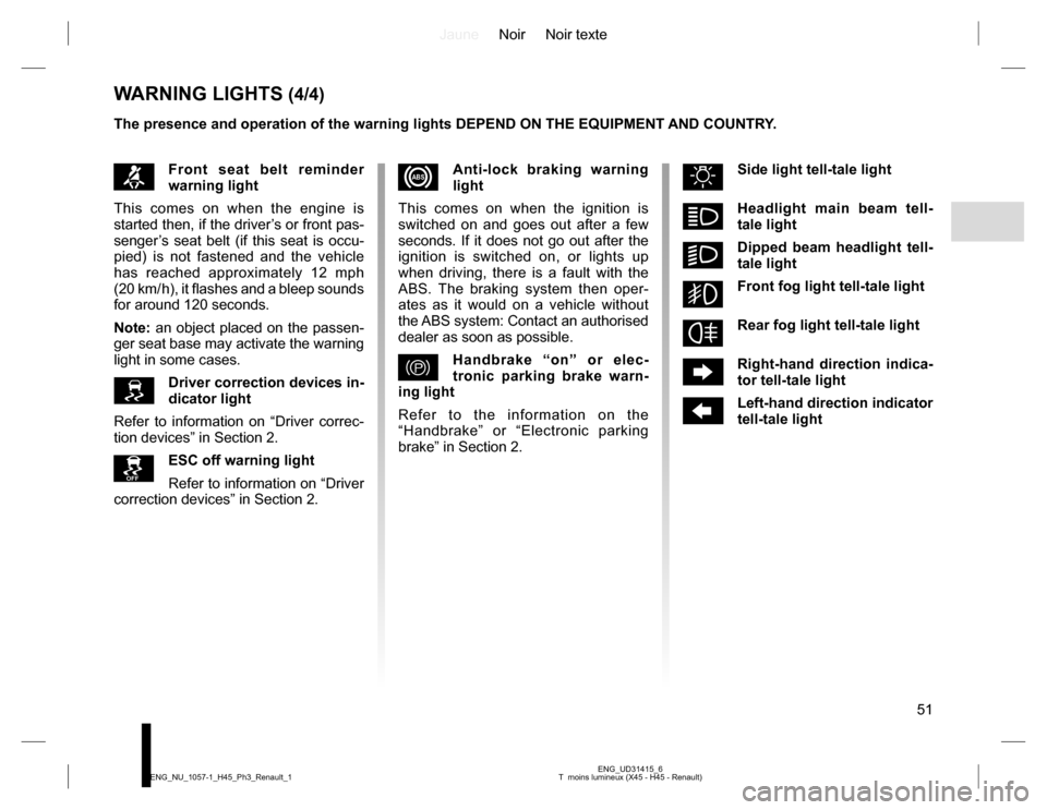 RENAULT KOLEOS 2015 1.G Workshop Manual JauneNoir Noir texte
51
ENG_UD31415_6
T  moins lumineux (X45 - H45 - Renault) ENG_NU_1057-1_H45_Ph3_Renault_1
WARNING LIGHTS (4/4)
™Front seat belt reminder 
warning light
This comes on when the eng