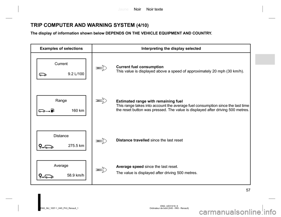 RENAULT KOLEOS 2015 1.G Owners Manual JauneNoir Noir texte
57
ENG_UD31418_9
Ordinateur de bord (X45 - H45 - Renault) ENG_NU_1057-1_H45_Ph3_Renault_1
TRIP COMPUTER AND WARNING SYSTEM (4/10)
The display of information shown below DEPENDS ON