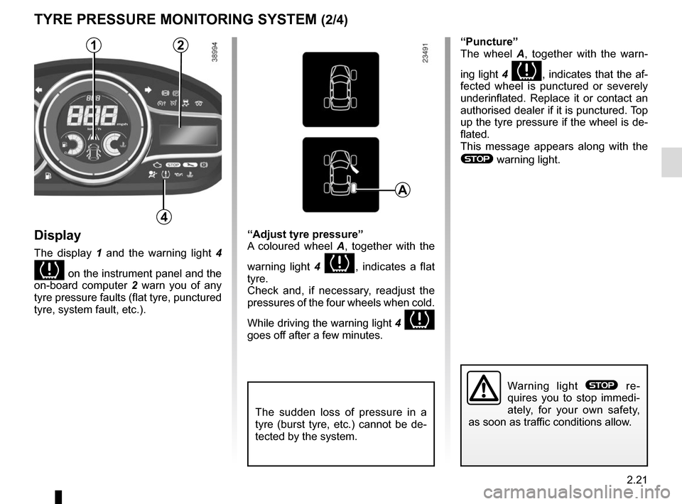 RENAULT MEGANE COUPE CABRIOLET 2015 X95 / 3.G Owners Manual 2.21
Display
The display 1 and the warning light 4 
 on the instrument panel and the 
on-board computer 2  warn you of any 
tyre pressure faults (flat tyre, punctured 
tyre, system fault, etc.).
TYRE