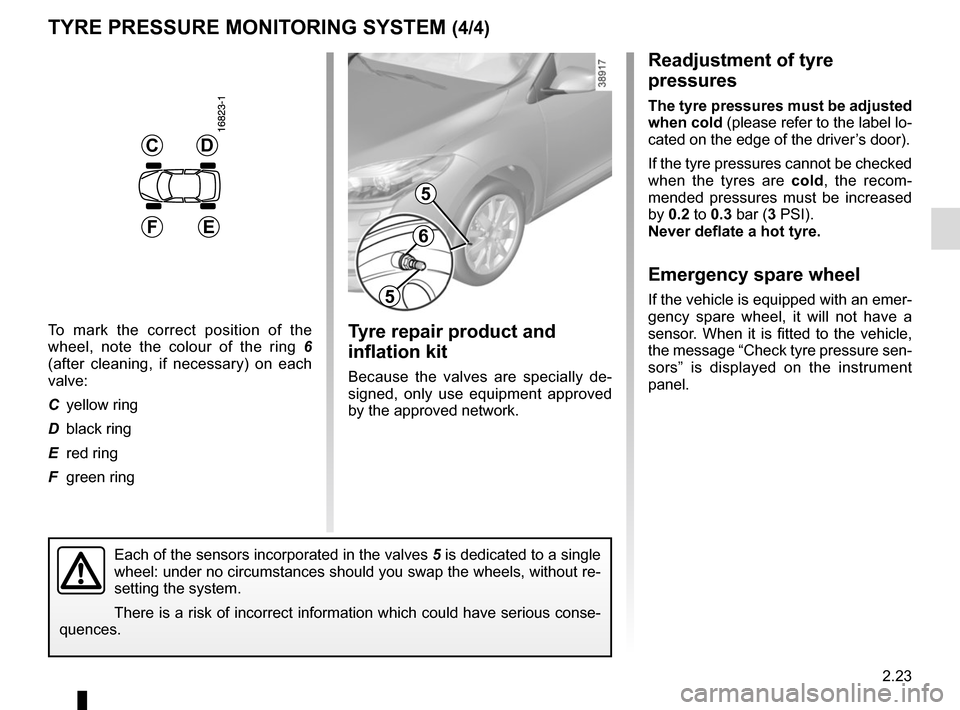 RENAULT MEGANE COUPE CABRIOLET 2015 X95 / 3.G Owners Manual 2.23
TYRE PRESSURE MONITORING SYSTEM (4/4)
CD
EF
5
5
6
Each of the sensors incorporated in the valves 5 is dedicated to a single 
wheel: under no circumstances should you swap the wheels, without re-
