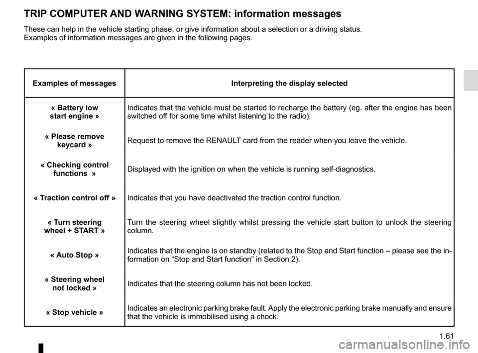 RENAULT MEGANE COUPE CABRIOLET 2015 X95 / 3.G Repair Manual 1.61
TRIP COMPUTER AND WARNING SYSTEM: information messages
Examples of messagesInterpreting the display selected
« Battery low
start engine » Indicates that the vehicle must be started to recharge RENAULT MEGANE COUPE CABRIOLET 2015 X95 / 3.G Repair Manual 1.61
TRIP COMPUTER AND WARNING SYSTEM: information messages
Examples of messagesInterpreting the display selected
« Battery low
start engine » Indicates that the vehicle must be started to recharge