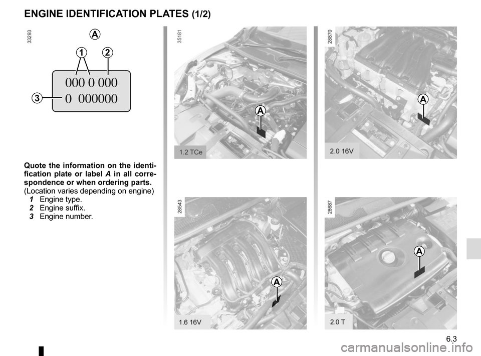 RENAULT MEGANE COUPE 2015 X95 / 3.G Owners Manual 6.3
ENGINE IDENTIFICATION PLATES (1/2)
Quote the information on the identi-
fication plate or label A in all corre-
spondence or when ordering parts.
(Location varies depending on engine)
  1 Engine t