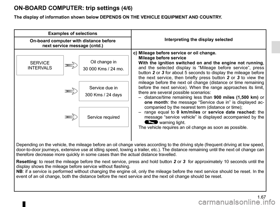 RENAULT MEGANE COUPE 2015 X95 / 3.G Owners Manual 1.67
ON-BOARD COMPUTER: trip settings (4/6)
The display of information shown below DEPENDS ON THE VEHICLE EQUIPMENT \
AND COUNTRY.
Examples of selectionsInterpreting the display selected
On-board comp