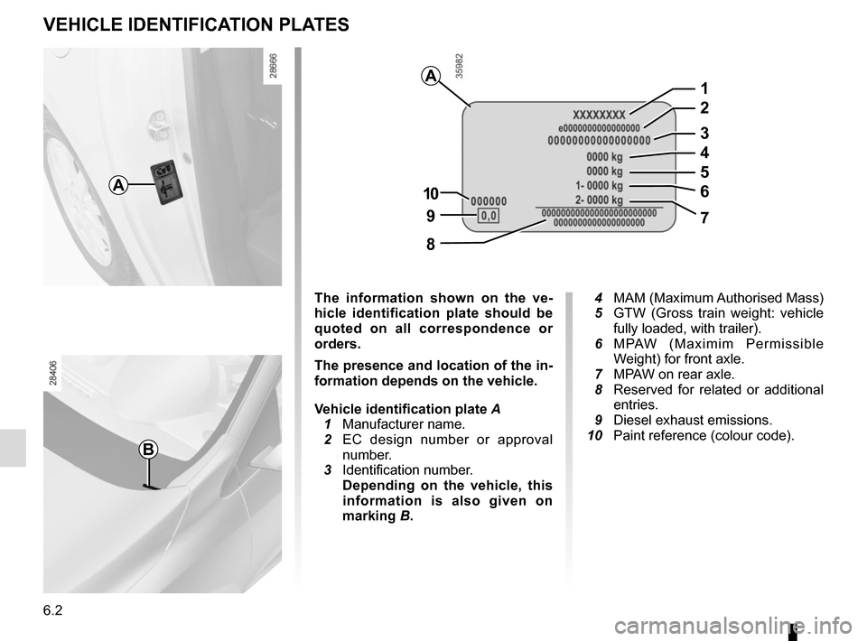 RENAULT MEGANE HATCHBACK 2015 X95 / 3.G Owners Manual 6.2
VEHICLE IDENTIFICATION PLATES
A
B
A
97
8
10
5
1
2
3
4
6
The information shown on the ve-
hicle identification plate should be
quoted on all correspondence or
orders.
The presence and location of RENAULT MEGANE HATCHBACK 2015 X95 / 3.G Owners Manual 6.2
VEHICLE IDENTIFICATION PLATES
A
B
A
97
8
10
5
1
2
3
4
6
The information shown on the ve-
hicle identification plate should be
quoted on all correspondence or
orders.
The presence and location of