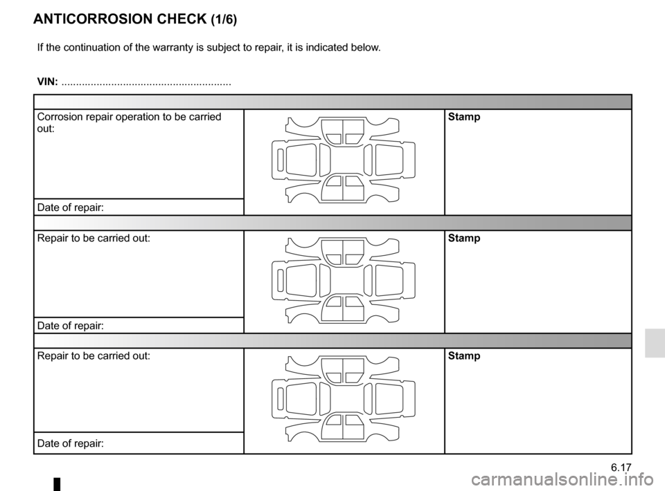 RENAULT MEGANE HATCHBACK 2015 X95 / 3.G Owners Manual 6.17
ANTICORROSION CHECK (1/6)
If the continuation of the warranty is subject to repair, it is indicated below.
VIN: ..........................................................
Corrosion repair operati