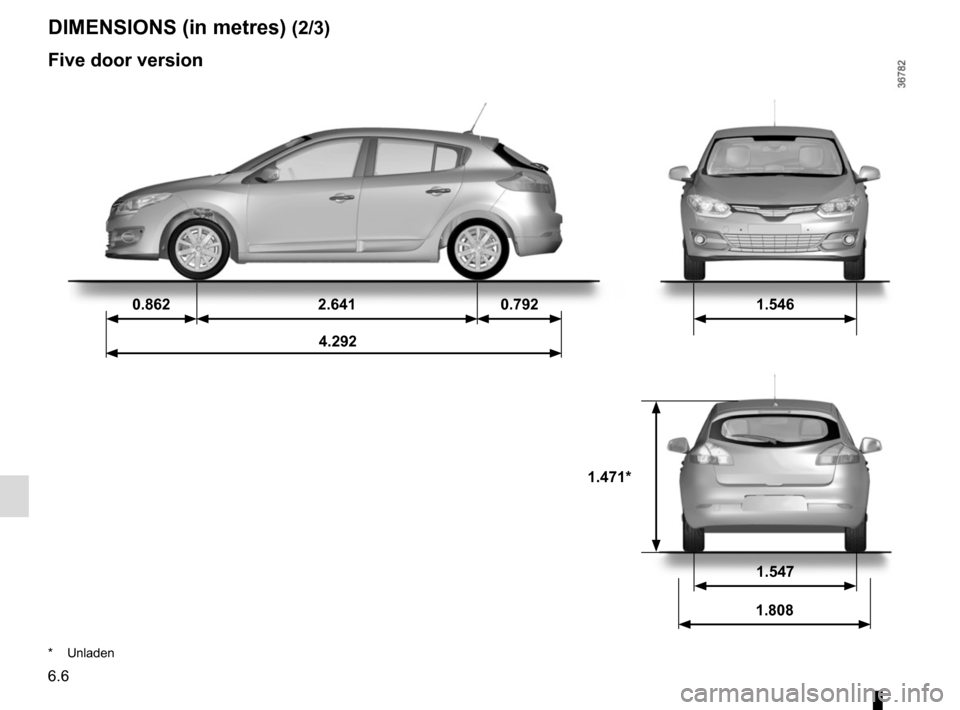 RENAULT MEGANE SPORT TOURER 2015 X95 / 3.G Owners Manual 6.6
DIMENSIONS (in metres) (2/3)
0.8622.6410.792 1.546
 4.292
1.471*
* Unladen
1.547
1.808
Five door version  