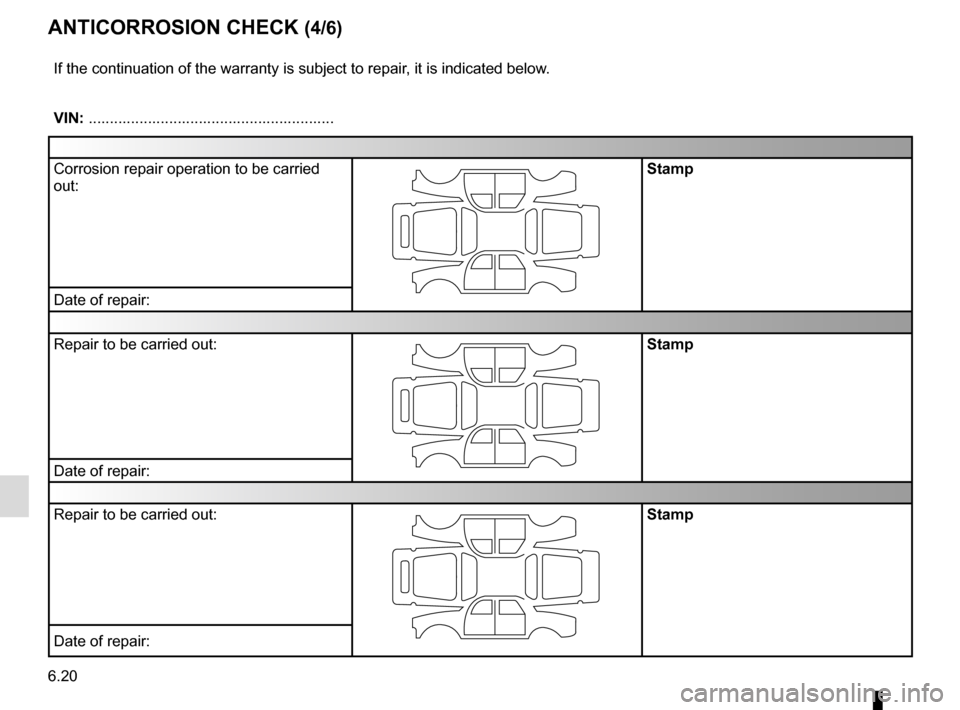 RENAULT MEGANE SPORT TOURER 2015 X95 / 3.G Owners Manual 6.20
ANTICORROSION CHECK (4/6)
If the continuation of the warranty is subject to repair, it is indicated below.
VIN: ..........................................................
Corrosion repair operati