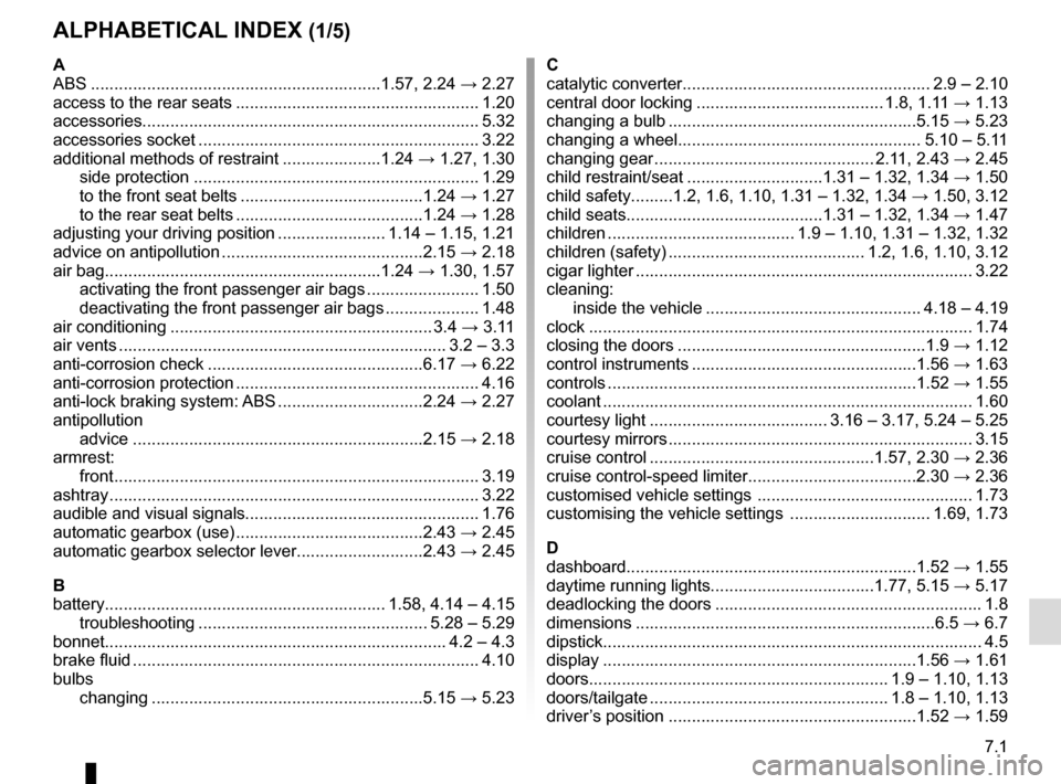 RENAULT MEGANE SPORT TOURER 2015 X95 / 3.G Owners Manual 7.1
ALPHABETICAL INDEX (1/5)
A
ABS ..............................................................1.57, \
 2.24 → 2.27
access to the rear seats .................................................... 1.