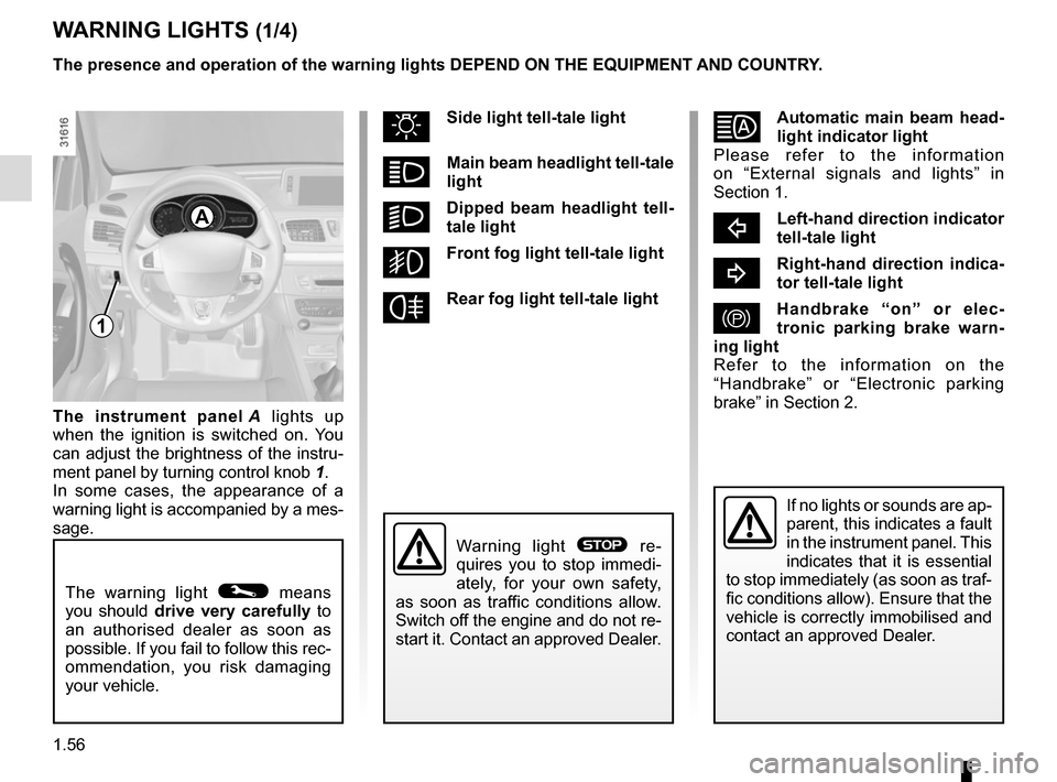 RENAULT MEGANE SPORT TOURER 2015 X95 / 3.G Repair Manual 1.56
WARNING LIGHTS (1/4)
The warning light © means
you should drive very carefully to
an authorised dealer as soon as
possible. If you fail to follow this rec-
ommendation, you risk damaging
yo RENAULT MEGANE SPORT TOURER 2015 X95 / 3.G Repair Manual 1.56
WARNING LIGHTS (1/4)
The warning light © means
you should drive very carefully to
an authorised dealer as soon as
possible. If you fail to follow this rec-
ommendation, you risk damaging
yo