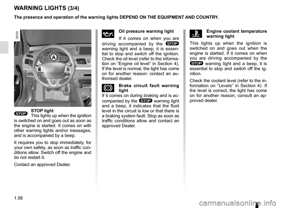 RENAULT MEGANE SPORT TOURER 2015 X95 / 3.G Repair Manual 1.58
WARNING LIGHTS (3/4)
A
ÀOil pressure warning light
If it comes on when you are
driving accompanied by the
®
warning light and a beep, it is essen-
tial to stop and switch off the ignition.
RENAULT MEGANE SPORT TOURER 2015 X95 / 3.G Repair Manual 1.58
WARNING LIGHTS (3/4)
A
ÀOil pressure warning light
If it comes on when you are
driving accompanied by the
®
warning light and a beep, it is essen-
tial to stop and switch off the ignition.