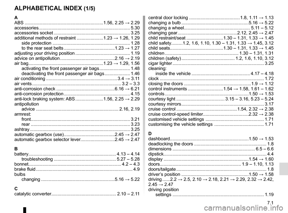 RENAULT SCENIC 2015 J95 / 3.G Owners Manual 7.1
ALPHABETICAL INDEX (1/5)
A
ABS ..............................................................1.56, \
 2.25 → 2.29
accessories.............................................................\
......